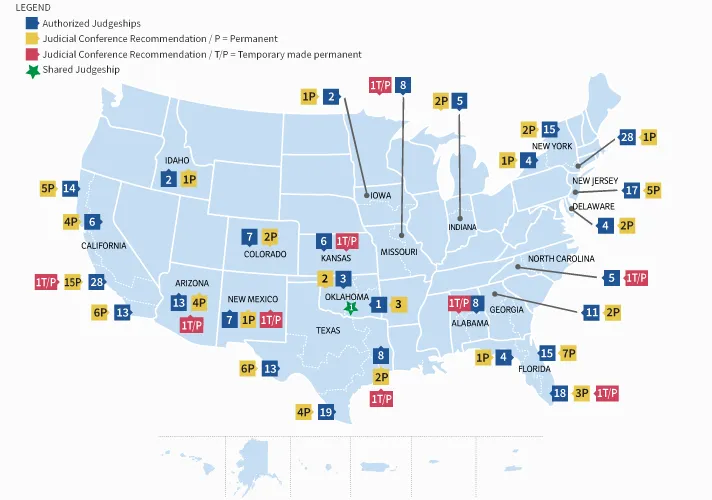 Judgeships map, new district court judgeships requested.